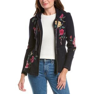 Johnny Was Womens  Peplum Metallic Thermal Hoodie, Navy
